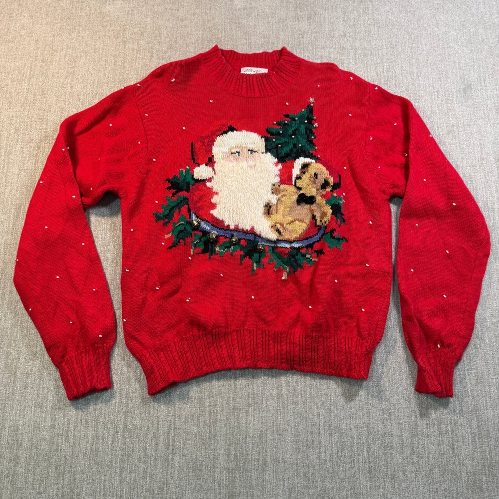 Vintage 1996 Susan Bristol Christmas Sweater Santa Teddy Bear Red Knit Large